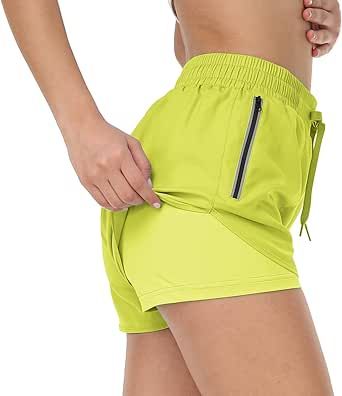 MoFiz Women's 2 in 1 Running Shorts Elastic Waist Adjustable Drawstring Athletic Shorts with Reflective Silver Zip Pocket