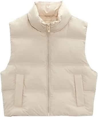 Flygo Women's Winter Crop Vest Sleeveless Quilted Puffer Vest Padded Gilet Jacket Warm Outerwear Pockets