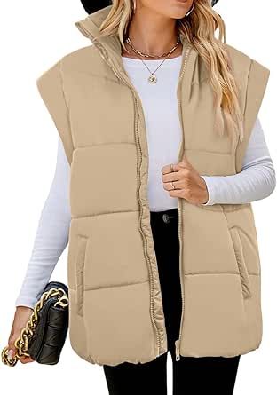 Haloumoning Puffer Vest for Women Stand-up Collar Jacket Cap Sleeve Zip Up Lightweight Outerwear with Pockets
