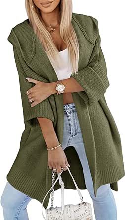 Aoysky Womens Long Cardigans Batwing Sleeve Oversized Cable Knitted Open Front Chunky Hooded Outerwear Sweater Coat