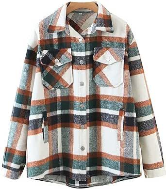 Locachy Women's Casual Plaid Button Down Wool Blend Long Sleeve Jackets Outerwear