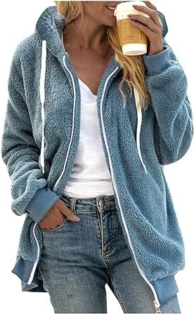 Lingbing Fleece Shirts for Women, Women's Hoodies Color Block Cardigan Coats Fluffy Sherpa Outerwear with Pockets