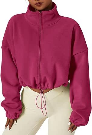 MASCOMODA Womens Full Zip Cropped Sherpa Fleece Jacket 2023 Long Sleeve Workout Jackets Casual Fall Winter Coats