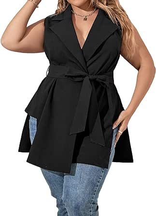 Floerns Women's Plus M Slit Asymmetrical Hem Sleeveless Belted Solid Vest Blazer