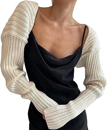 LOFAAC Women Y2K Open Front Rib Knit Shrug Crop Cardigan Solid Drop Shoulder Puff Long Sleeve Sweater Tops Outerwear