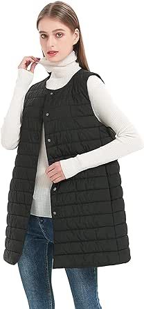 PACIBE Women Long Puffer Vest Down Quilted Lightweight Button Opening Sleeveless Jacket with Pockets