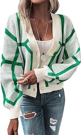 SweatyRocks Women's Color Block V Neck Button Front Knit Cardigan Sweater Outerwear