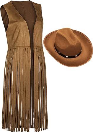 Foaincore Fringe Vests Cowgirl Outfits for Women 70s Hippie Clothes Vest Jacket Faux Suede Tassels Western Cowgirl Hat