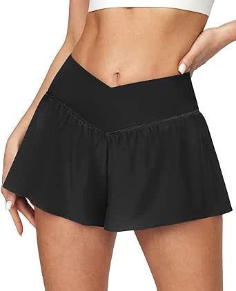 Ewedoos Flowy Athletic Shorts for Women 2 in 1 Running Shorts with Pockets Crossover High Waisted Butterfly Shorts